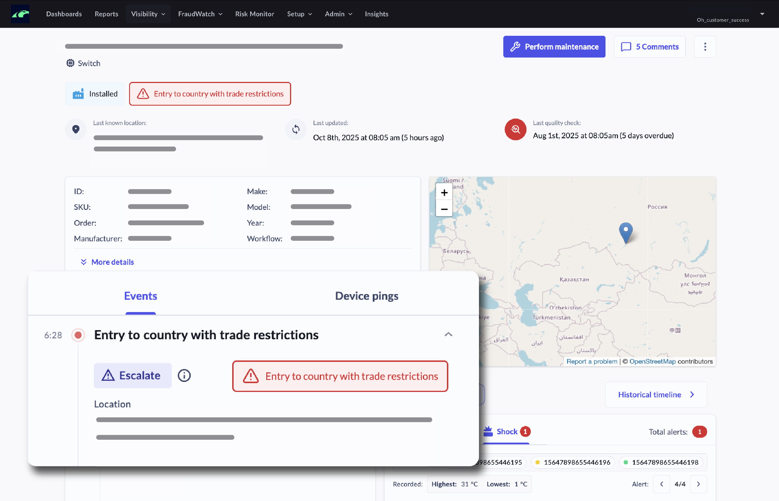 Software dashboard showing device details, map location with a trade restriction alert, and options to perform maintenance or escalate the alert.