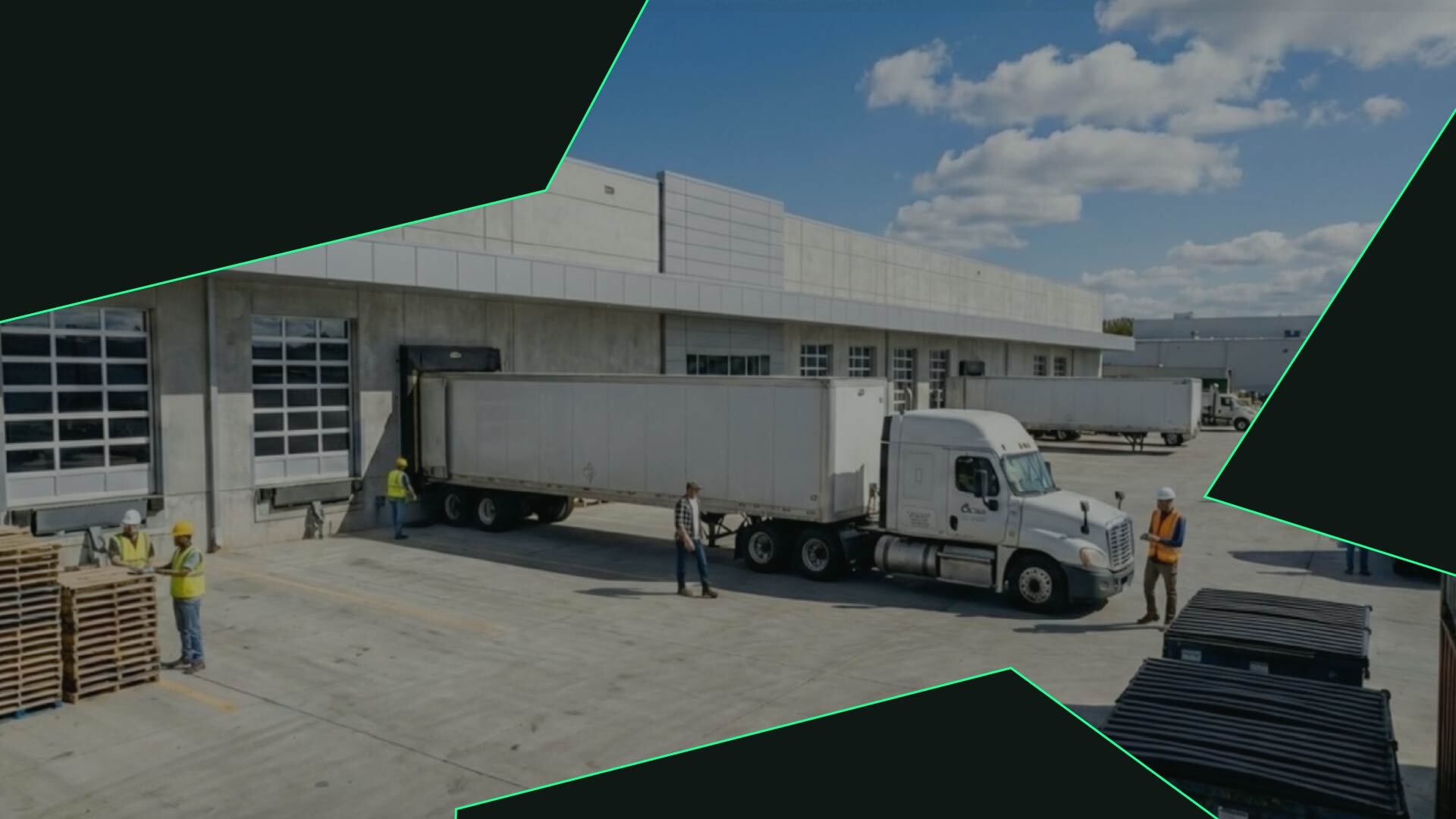 Workers in safety vests and helmets around a white semi truck docked at a distribution warehouse.