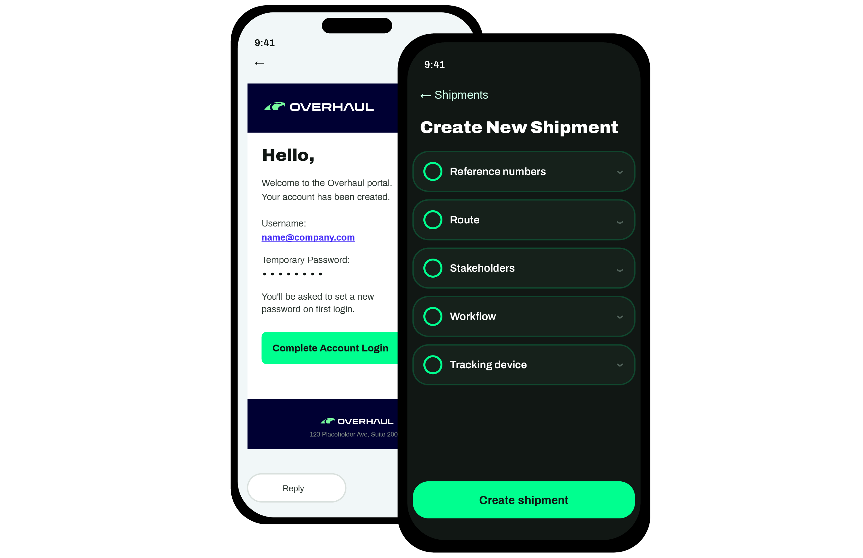 Two mobile screens: account welcome email and shipment creation form with fields and create button.