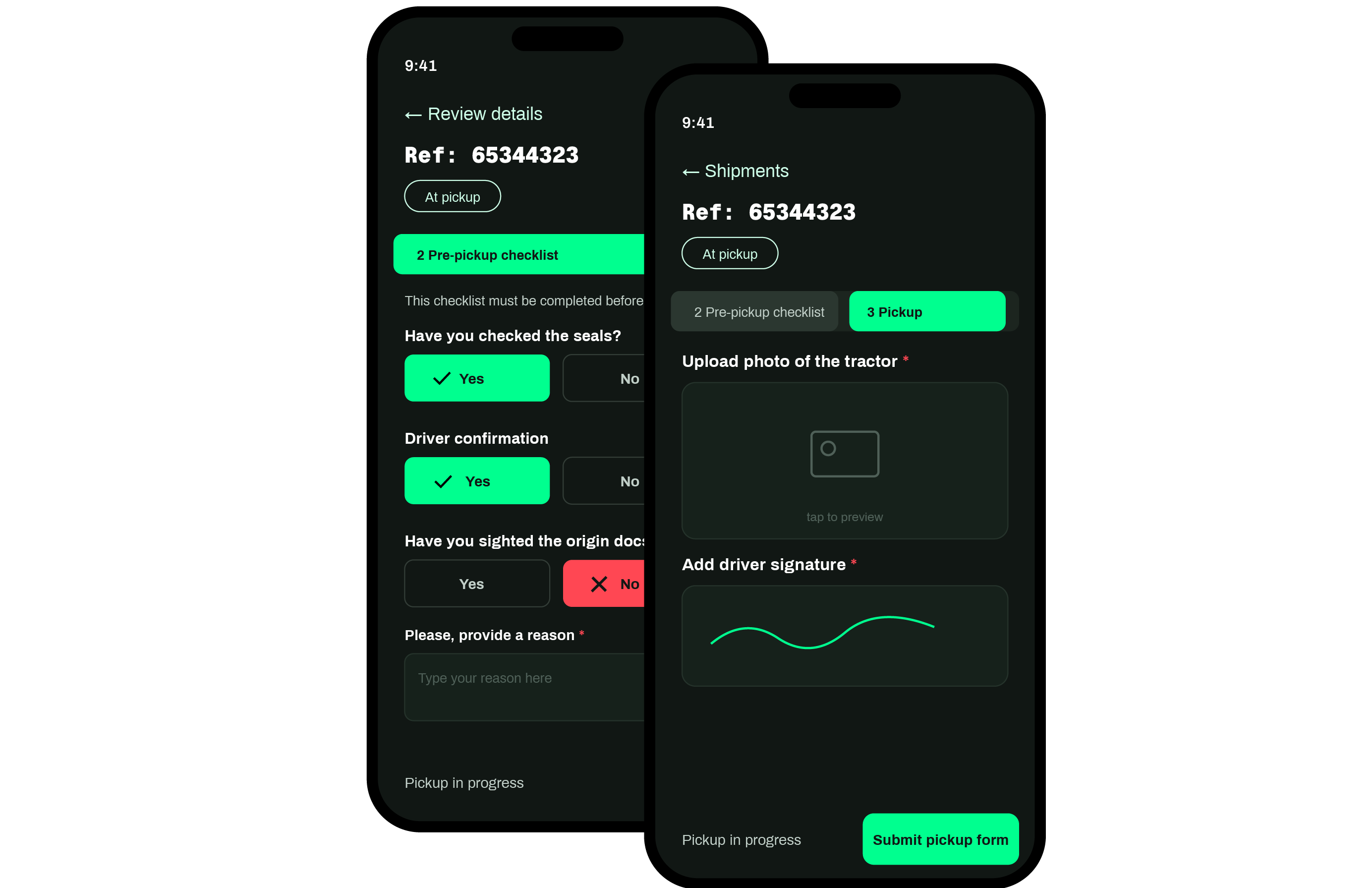 Two dark mode mobile screens showing a shipment pickup checklist and photo upload with signature form.