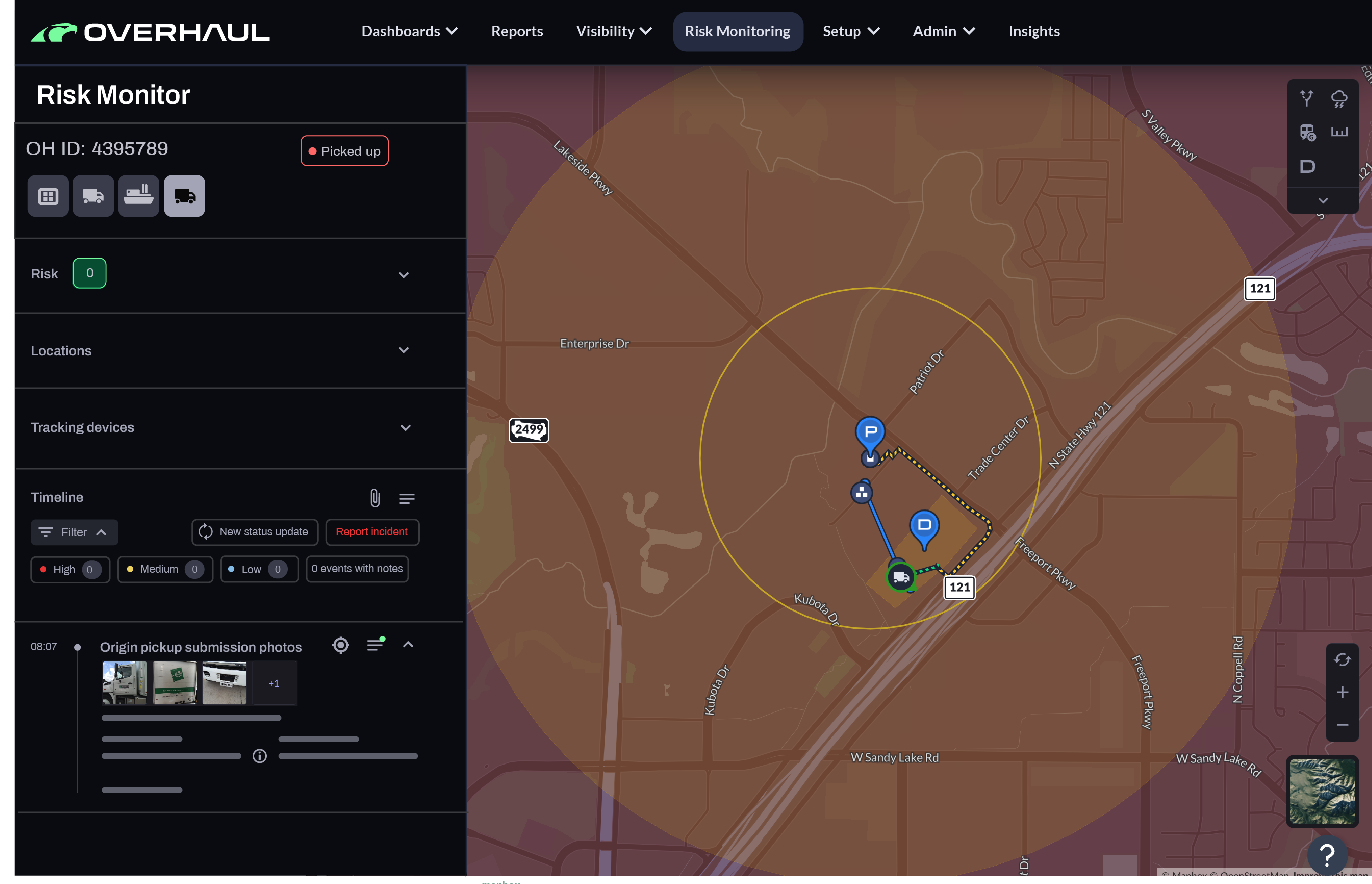 Map view in Overhaul Risk Monitor showing shipment route, risk zones, and shipment status picked up.