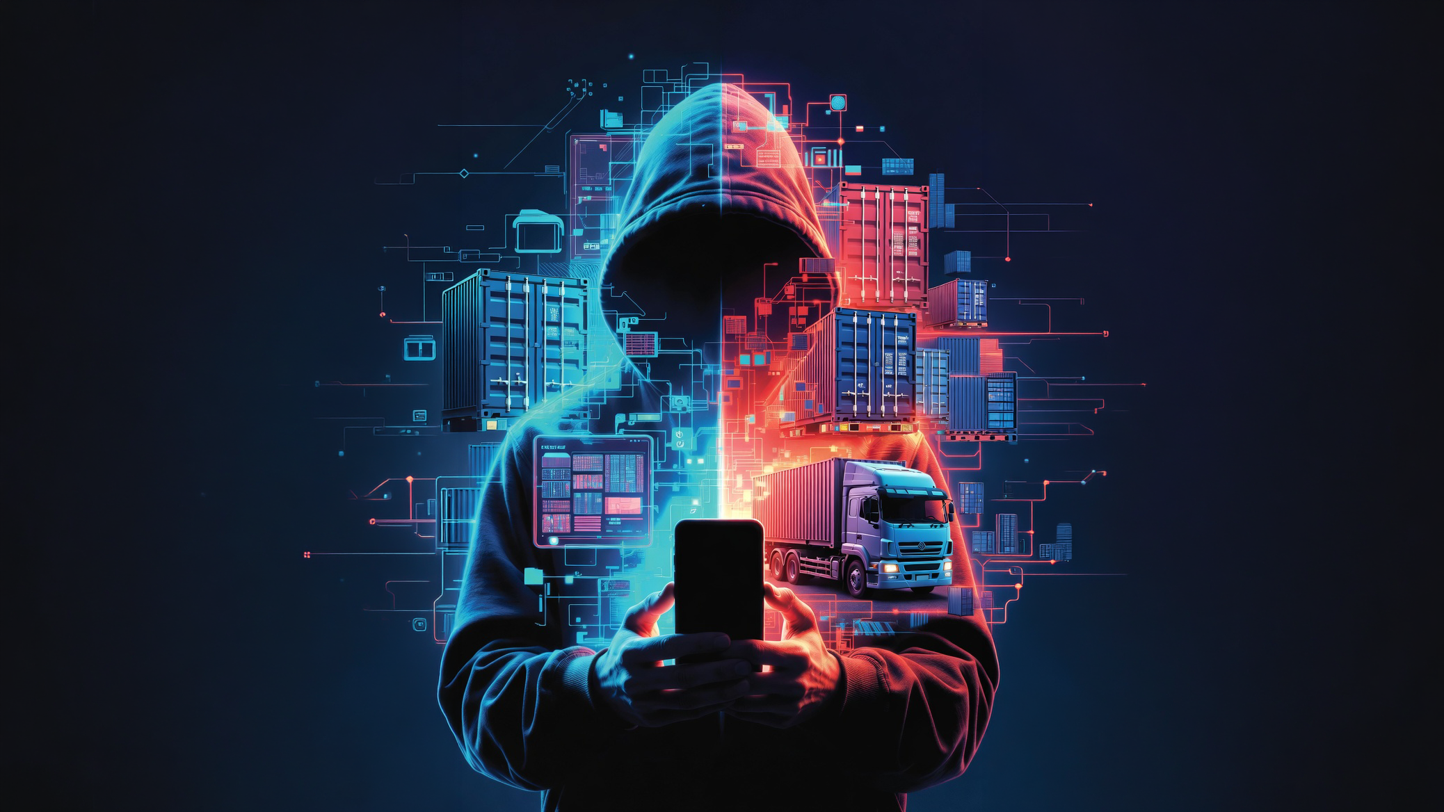 Hooded figure holding a phone with digital shipping containers and truck holograms in blue and red.