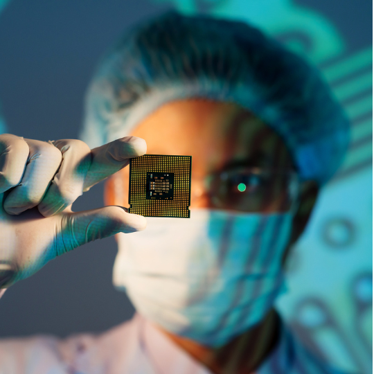 Person holding semiconductor chip and staring at it.
