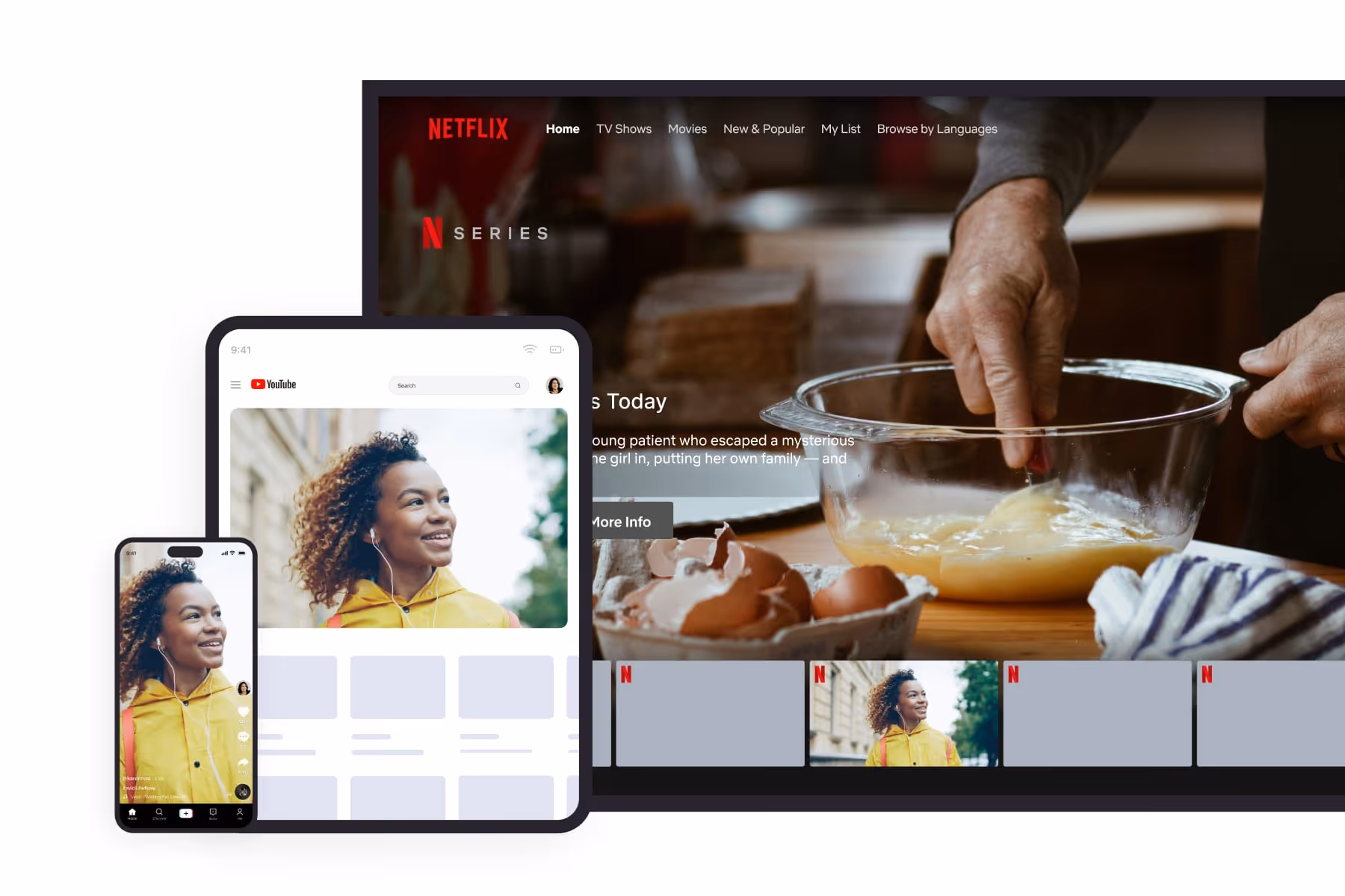 A person whisking eggs in a glass bowl on a kitchen table with egg shells nearby, alongside digital screens showing a young woman in a yellow jacket on YouTube and Netflix interfaces.