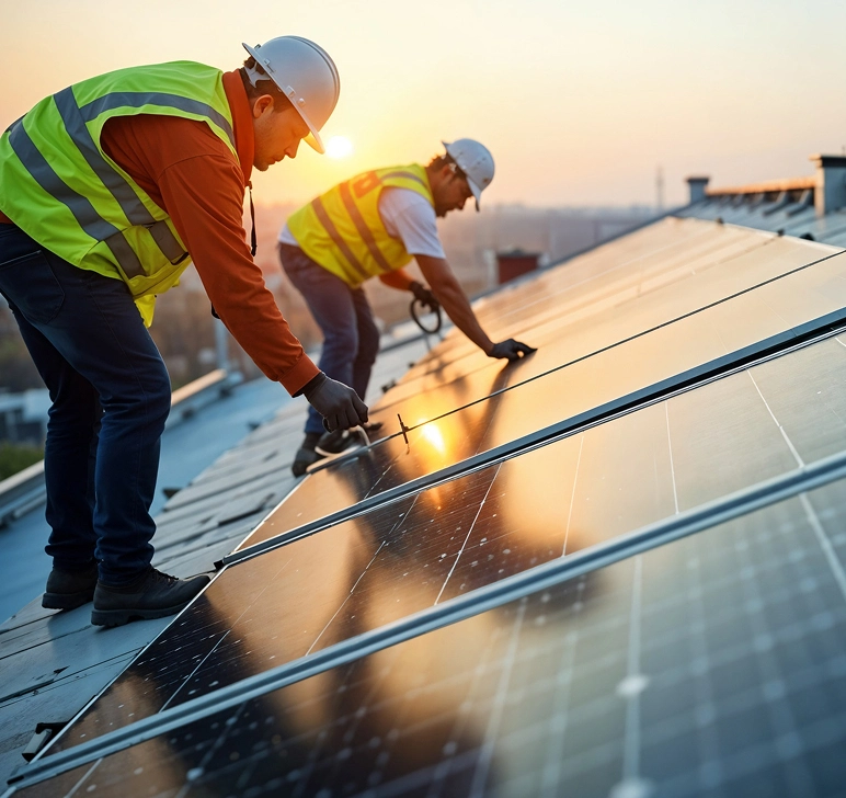 Two workers in safety helmets and vests installing solar panels on a rooftop at sunset.