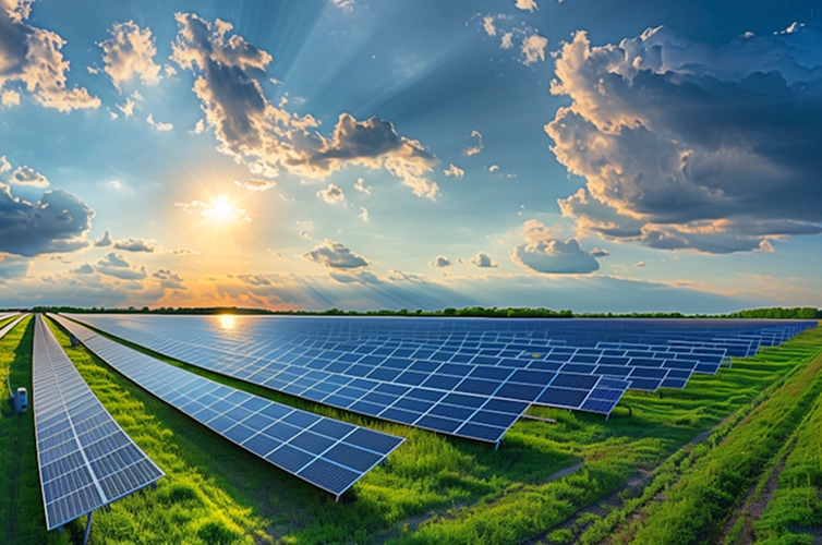 Solar panels installed in a green field under a partly cloudy sky with the sun shining brightly.