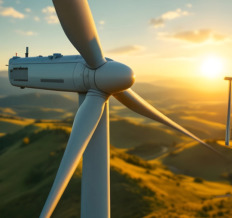 Close-up of a wind turbine blade at sunset over rolling green hills.