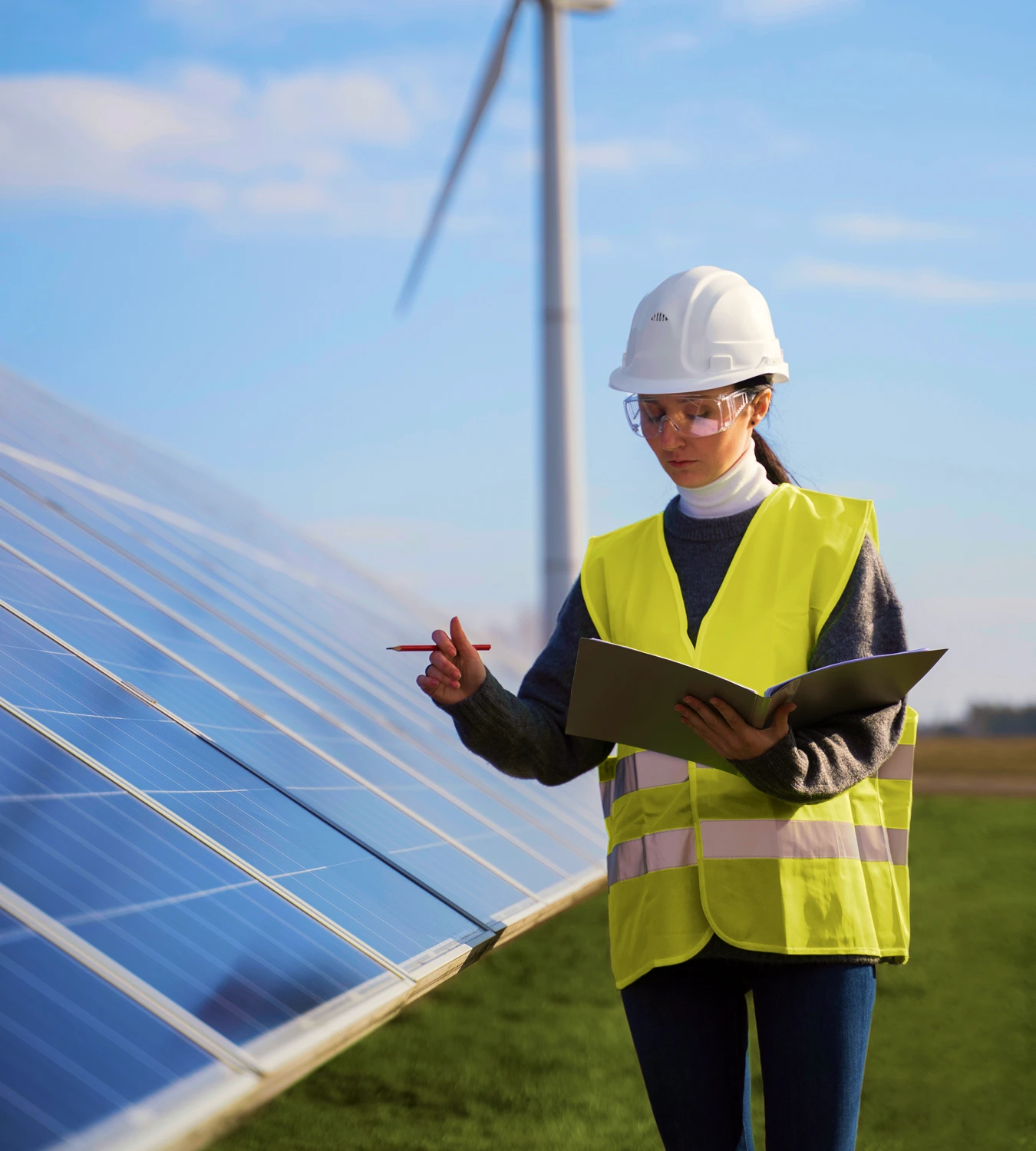 Engineer wearing safety gear inspects solar panels outdoors with a wind turbine in the background.