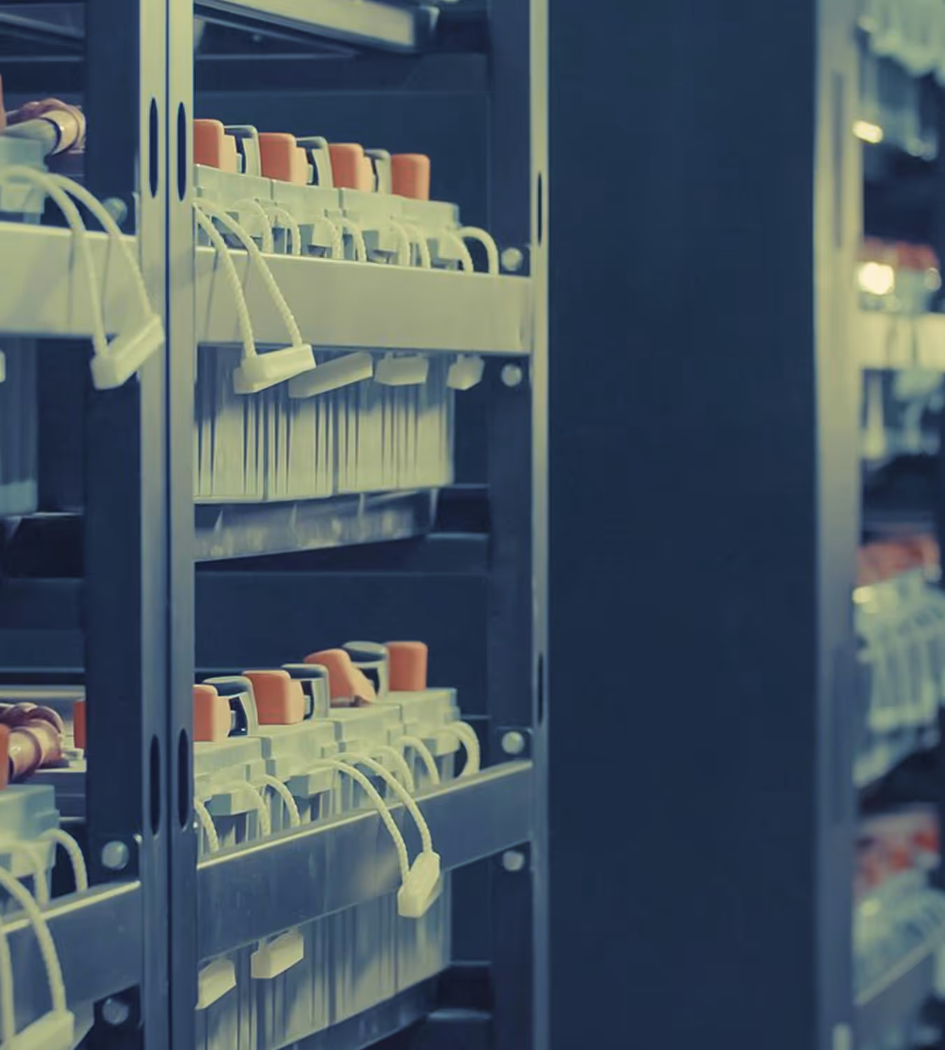 Close-up of industrial metal racks holding rows of connected orange and white electrical or mechanical components with cables.