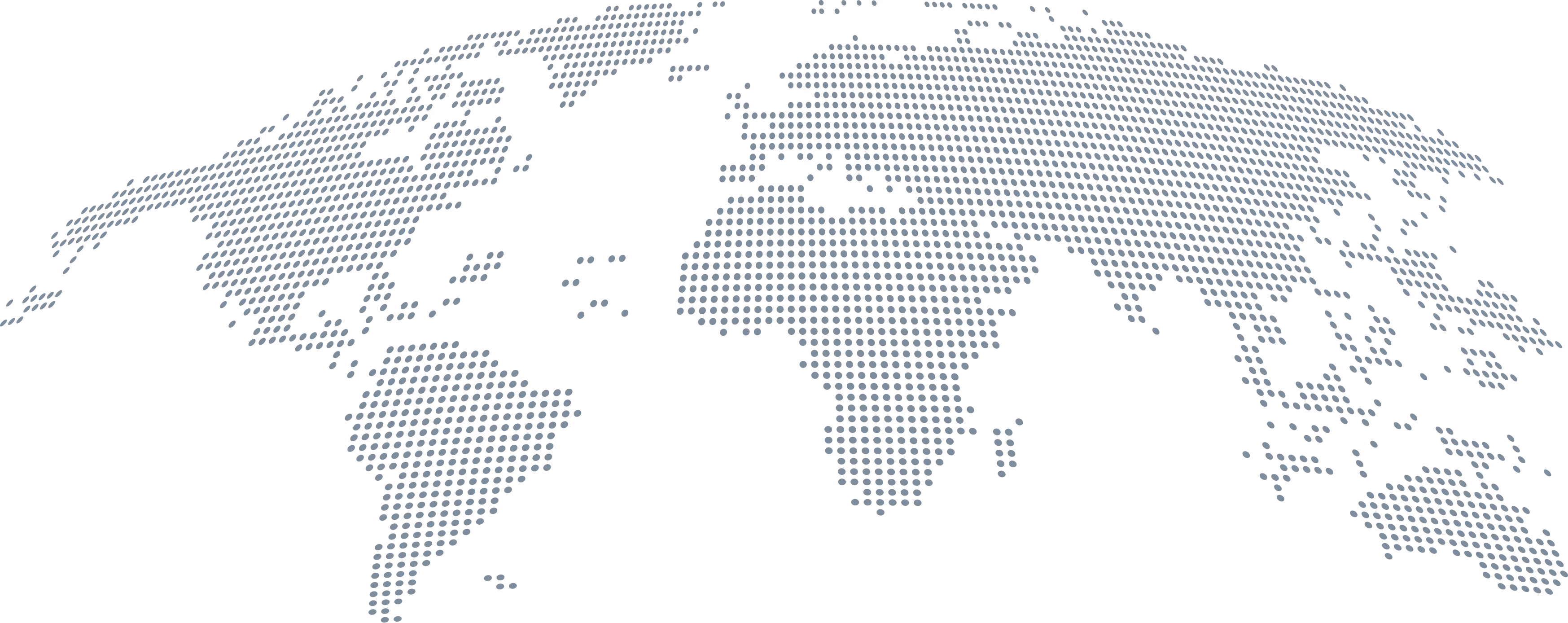 World map formed by small gray dots on a black background, showing continents and major landmasses in a pixelated style.