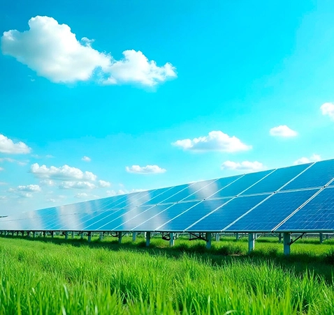 Rows of solar panels installed in a grassy field under a blue sky with scattered clouds.