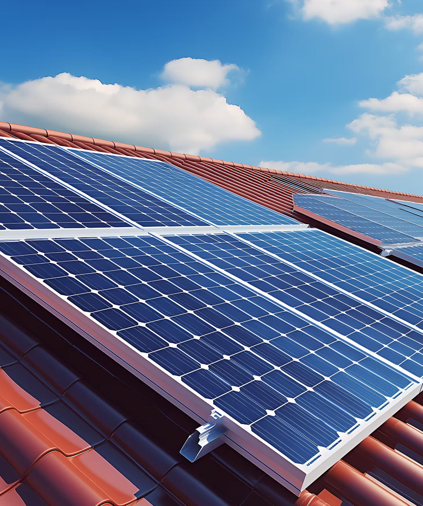 Solar panels installed on a red tiled roof under a blue sky with scattered clouds.