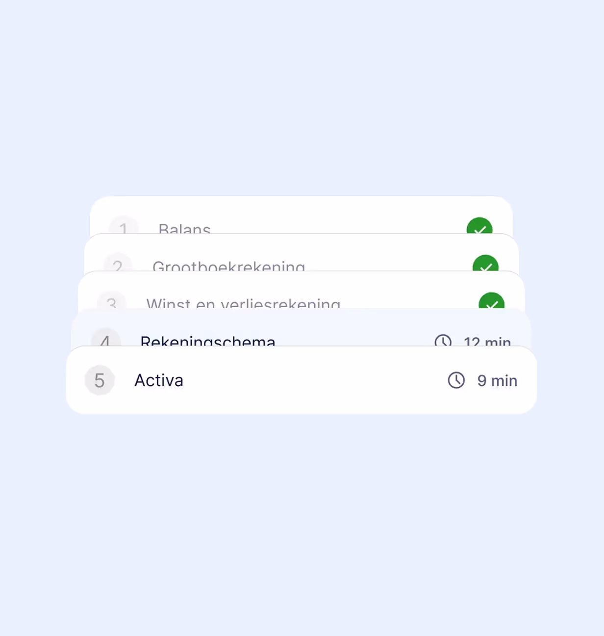 Stacked task list cards showing Dutch titles with corresponding durations and completion checkmarks for the first three tasks.