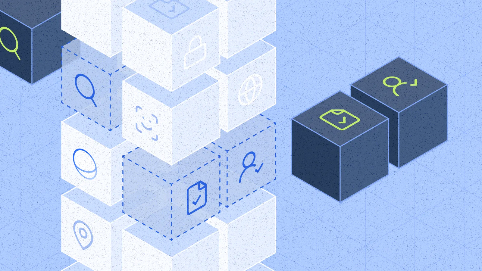 Abstract 3D illustration of modular building blocks representing Sphere's streamlined compliance API for faster user onboarding