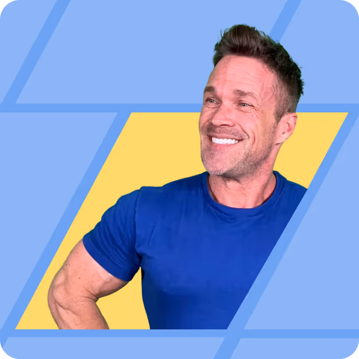 Smiling man with short brown hair wearing a black shirt against a blue background with faint text.