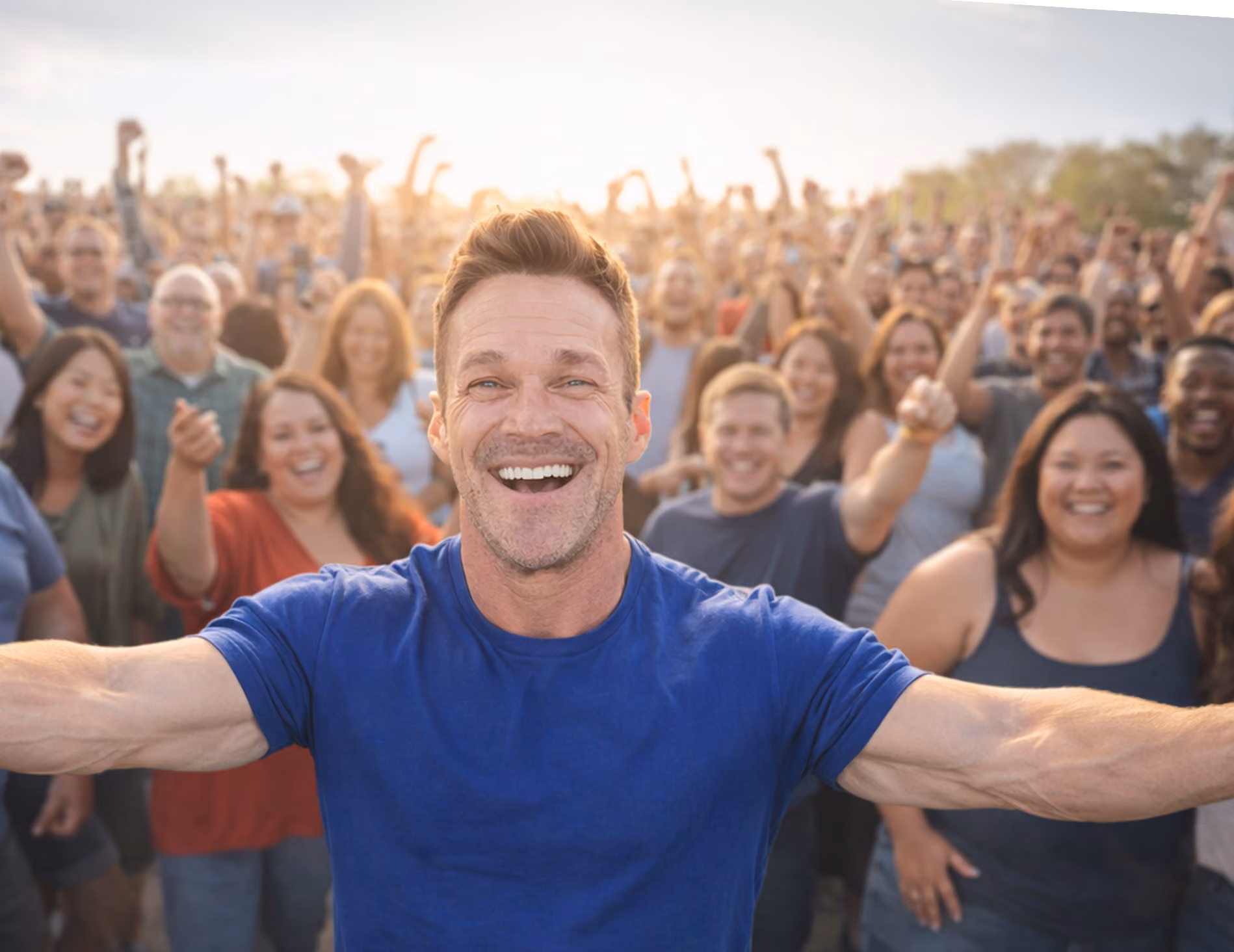 Smiling man in blue shirt takes selfie with happy, cheering diverse crowd outdoors at sunset.