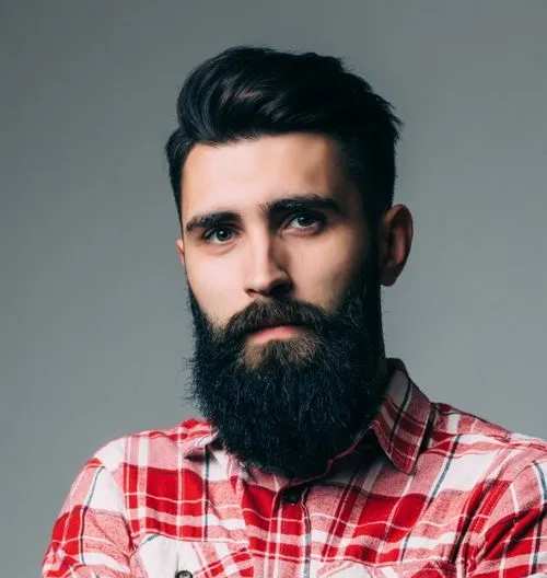 Portrait of a serious man with dark hair and a thick beard wearing a red and white plaid shirt against a gray background.