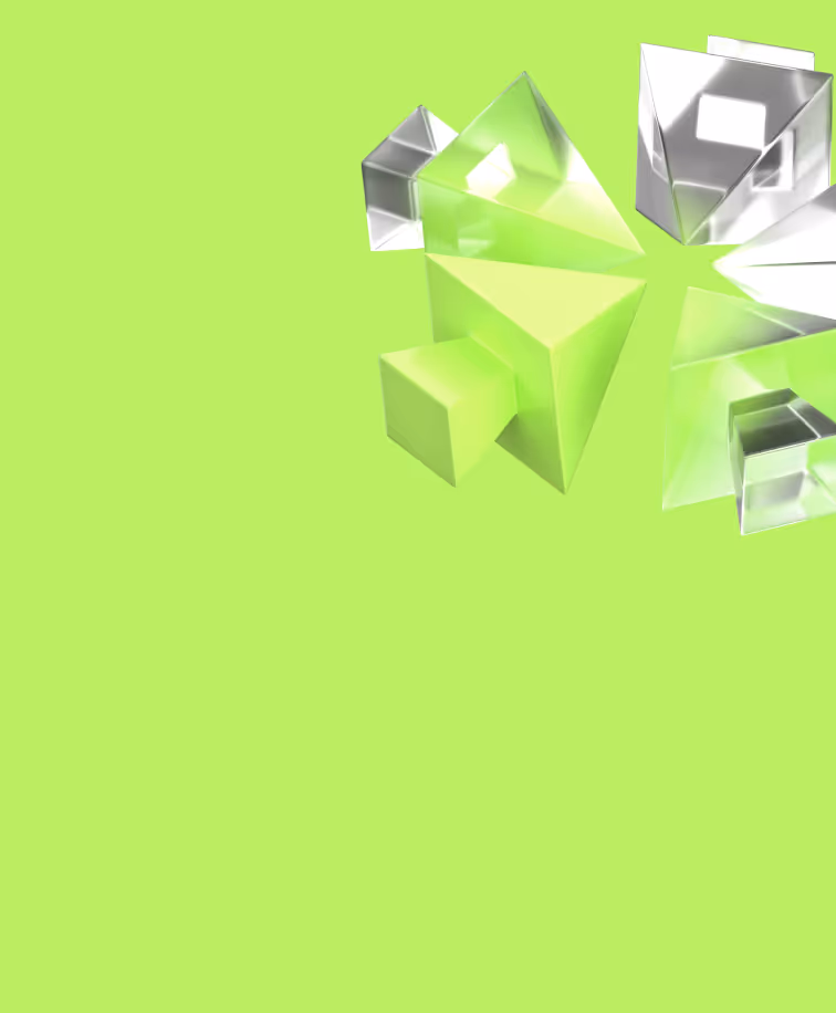 Cluster of translucent geometric shapes including pyramids and cubes on a light green background.