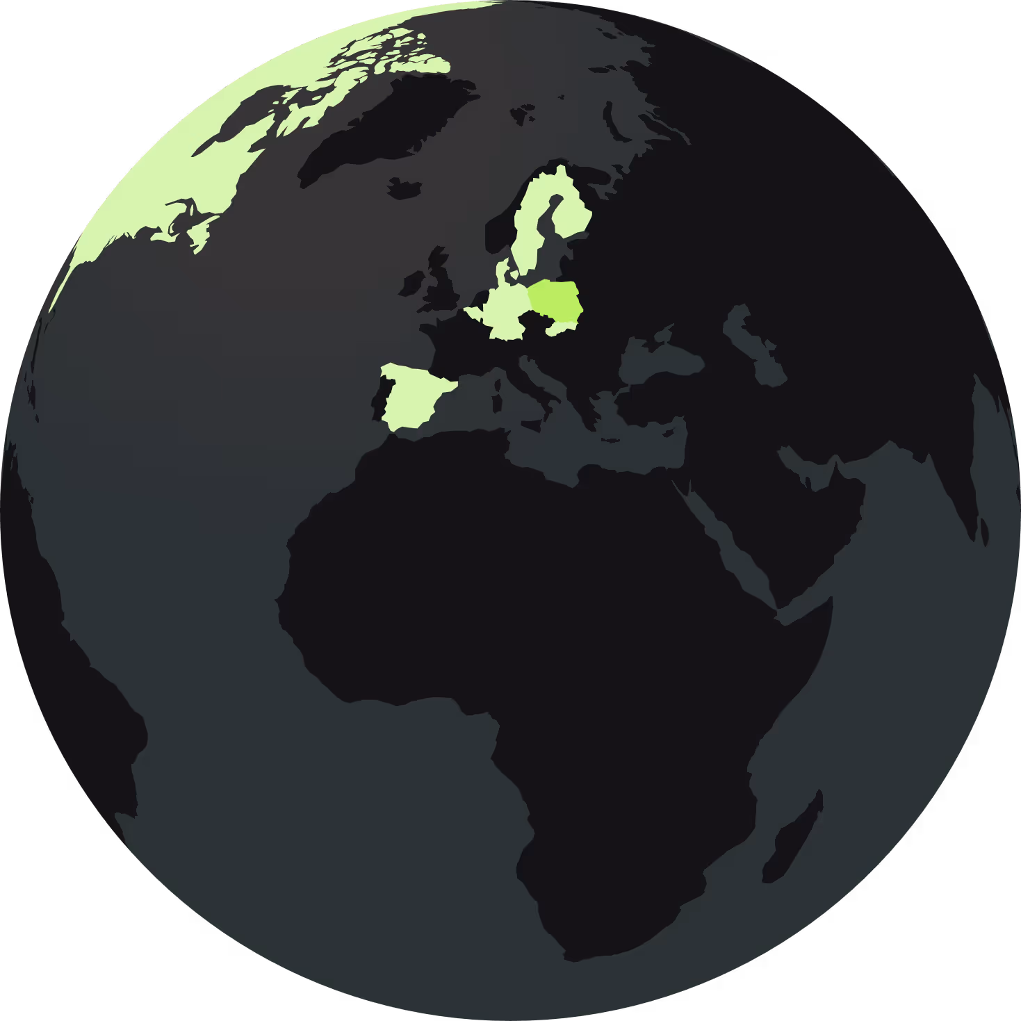 Dark globe highlighting select countries in Europe and one in North Africa in light green.