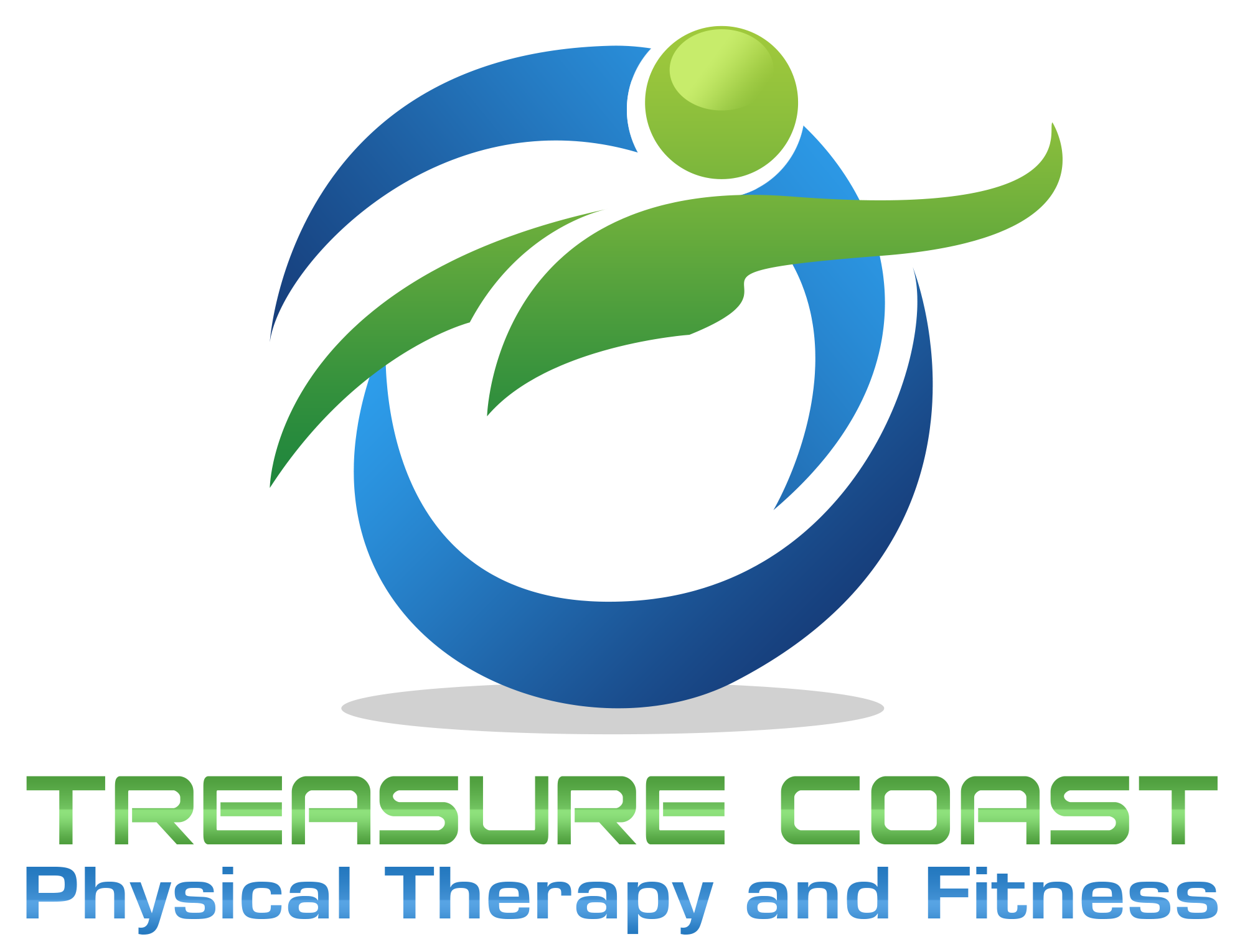 Logo of Treasure Coast Physical Therapy and Fitness with a stylized green human figure in motion encircled by blue swooshes. Treasure Coast Physical Therapy and Fitness.