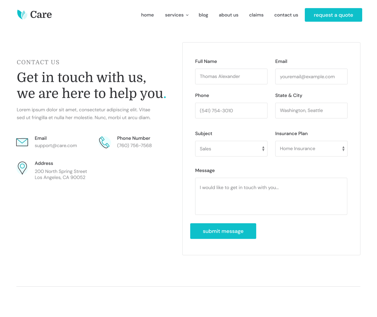 Care - Contact Us page - Insurance Webflow Template