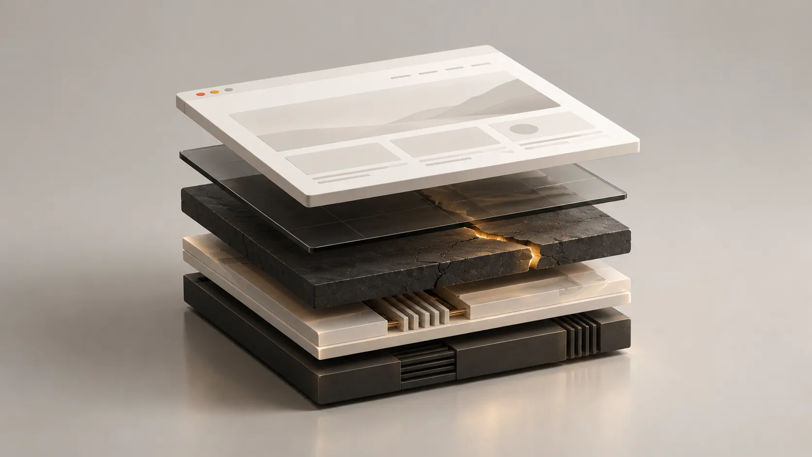 An intact website interface above layered infrastructure, with an amber-lit crack in an underlying layer.