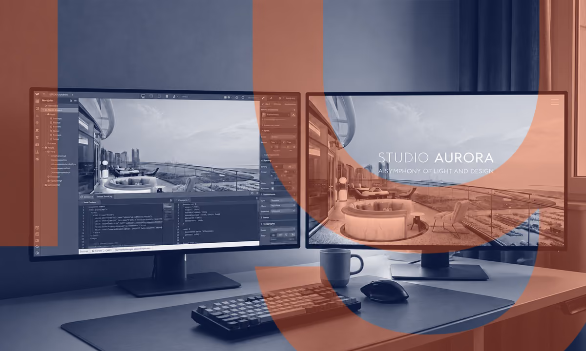 Amplify website design artwork showing the Studio Aurora site and its Webflow editing interface on two monitors.