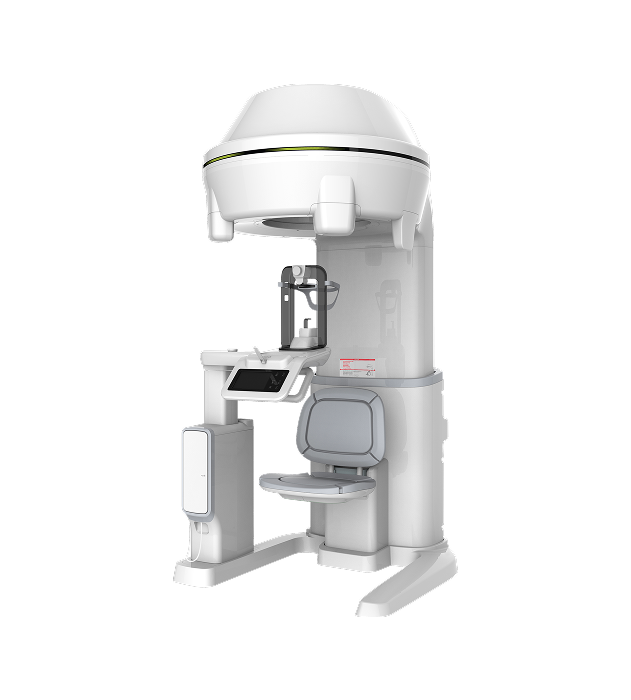 Moderní stomatologický rentgenový přístroj s místem pro sezení a obrazovkou pro ovládání.