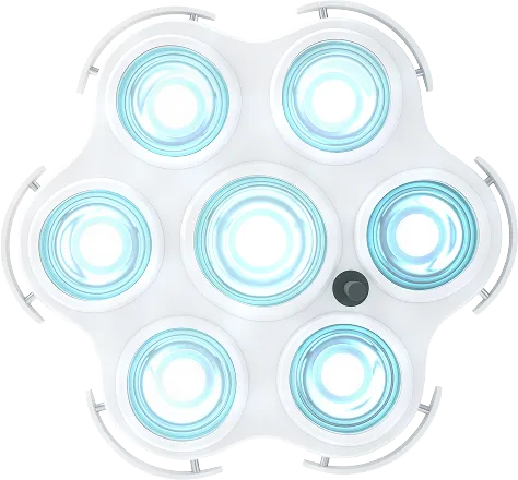 Modern white ceiling light fixture with six circular LED lights arranged in a flower pattern.