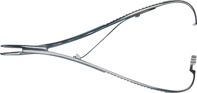 Kovové kleště s otevřenými úchopy a zahnutými hroty na koncích.