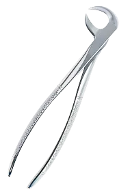Stříbrná kleště s dlouhými tenkými čelistmi a zahnutou rukojetí.