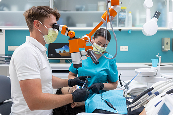 Zubní lékař používá mikroskop při ošetření pacienta za přítomnosti asistentky v klinice.