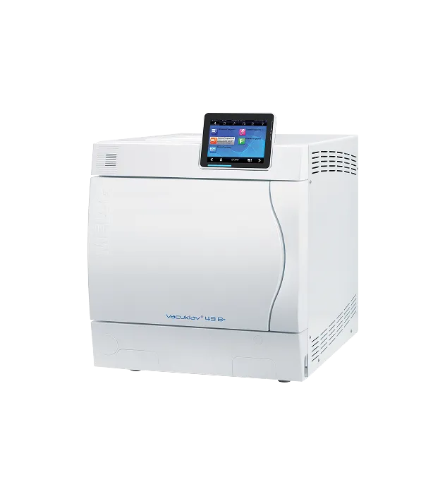 Bílý stolní autokláv Vacuklav 43 B+ s dotykovým barevným displejem pro sterilizaci nástrojů.