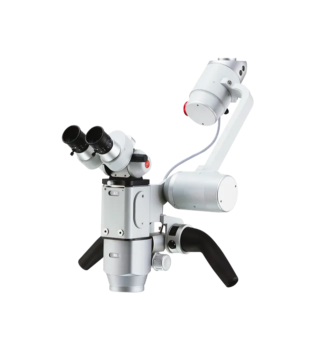 Stereo mikroskop se dvěma okuláry a ergonomickými černými držadly.