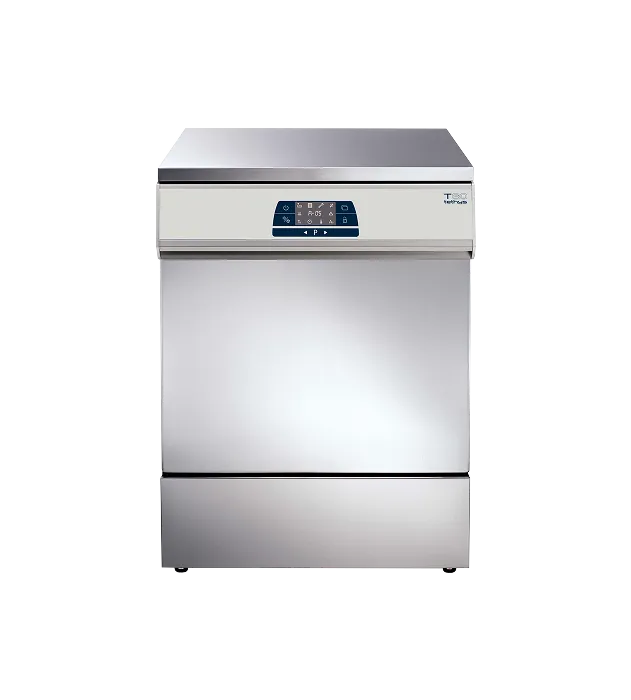 Nerezový mycí termodezinfektor Tethys D60 s digitálním ovládacím panelem v horní části.