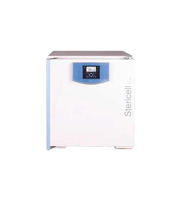 Bílý sterilizátor Stericell s modrým digitálním displejem na přední straně.