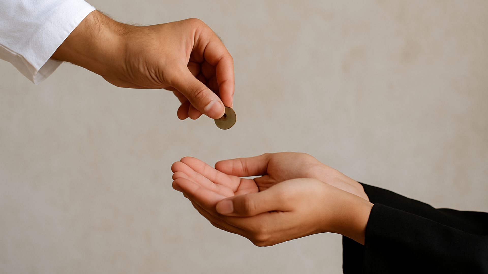 Hands giving coins as Zakat donation