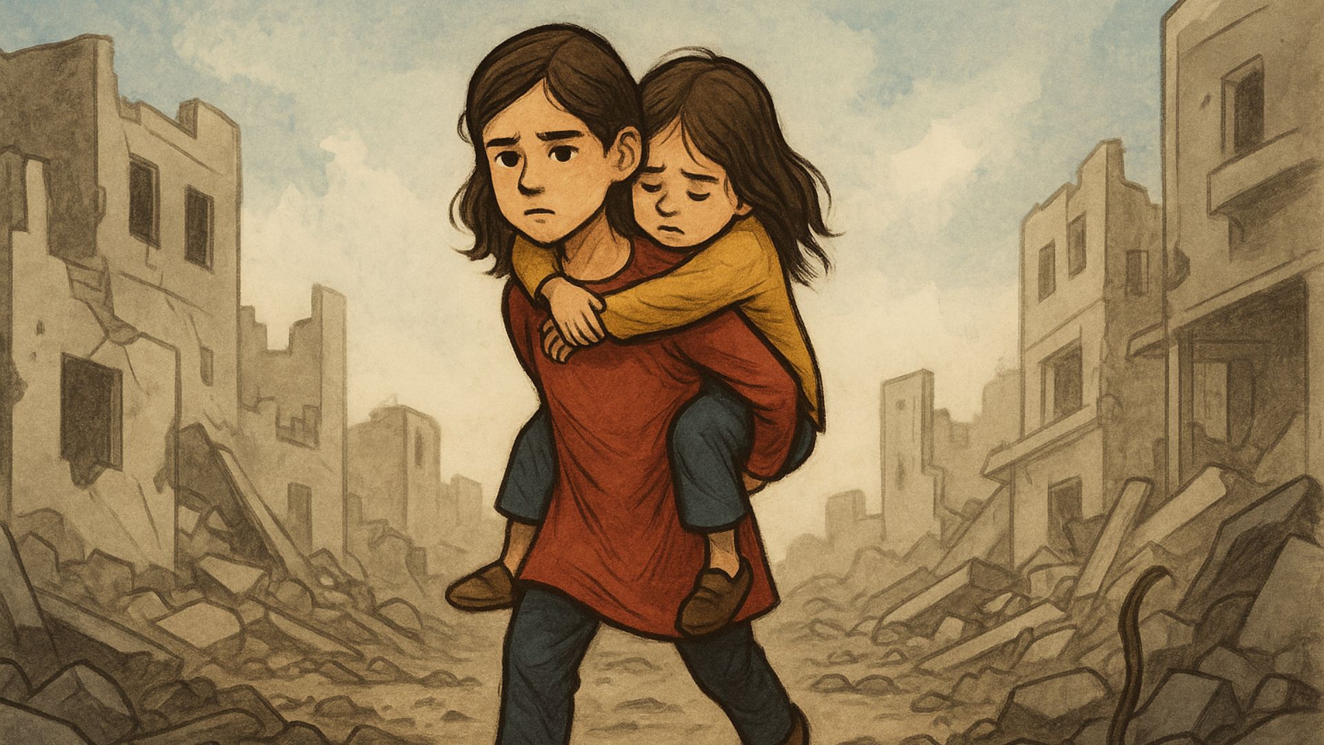 Orphan girl in Gaza carrying her sister through rubble.