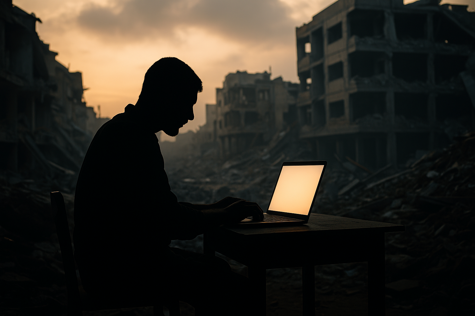 Freelancer silhouette with laptop in Gaza ruins.