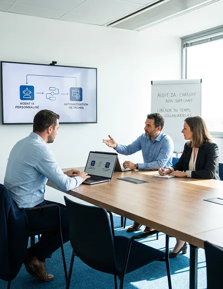 Deux professionnels en costume discutent autour d'une table avec des dossiers étiquetés 'CONTRATS' et 'FINANCES' et un ordinateur portable affichant un tableau Excel sur le suivi des licences IA.