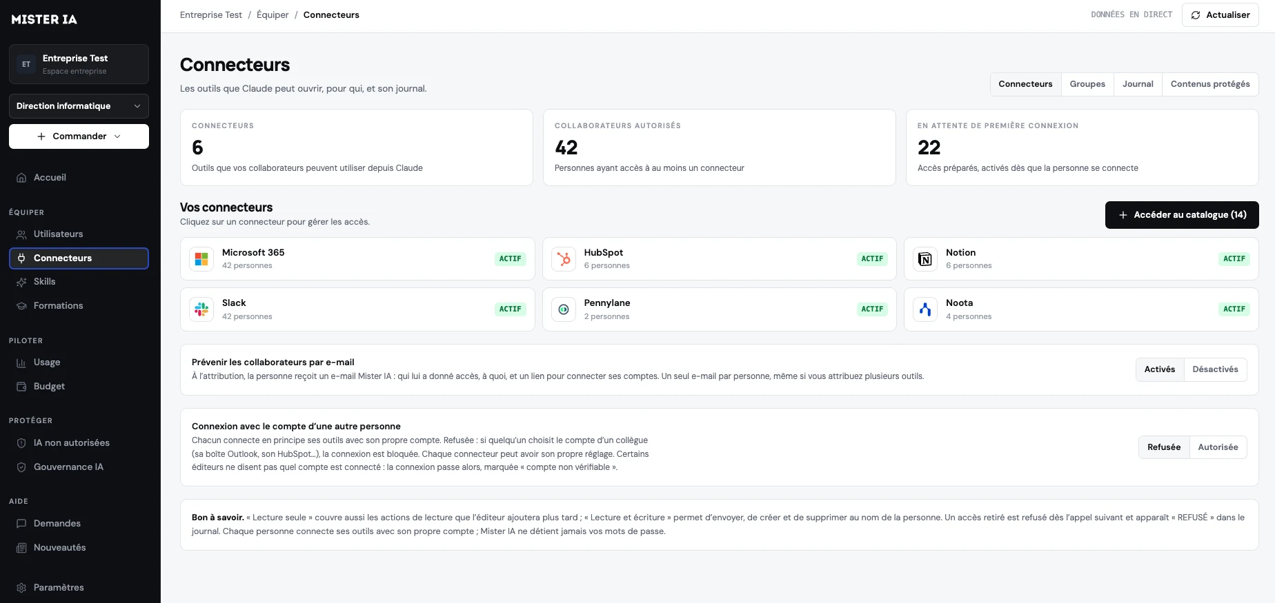 Cockpit Mister IA : connecteurs MCP Microsoft 365, HubSpot, Notion, Slack et accès des collaborateurs