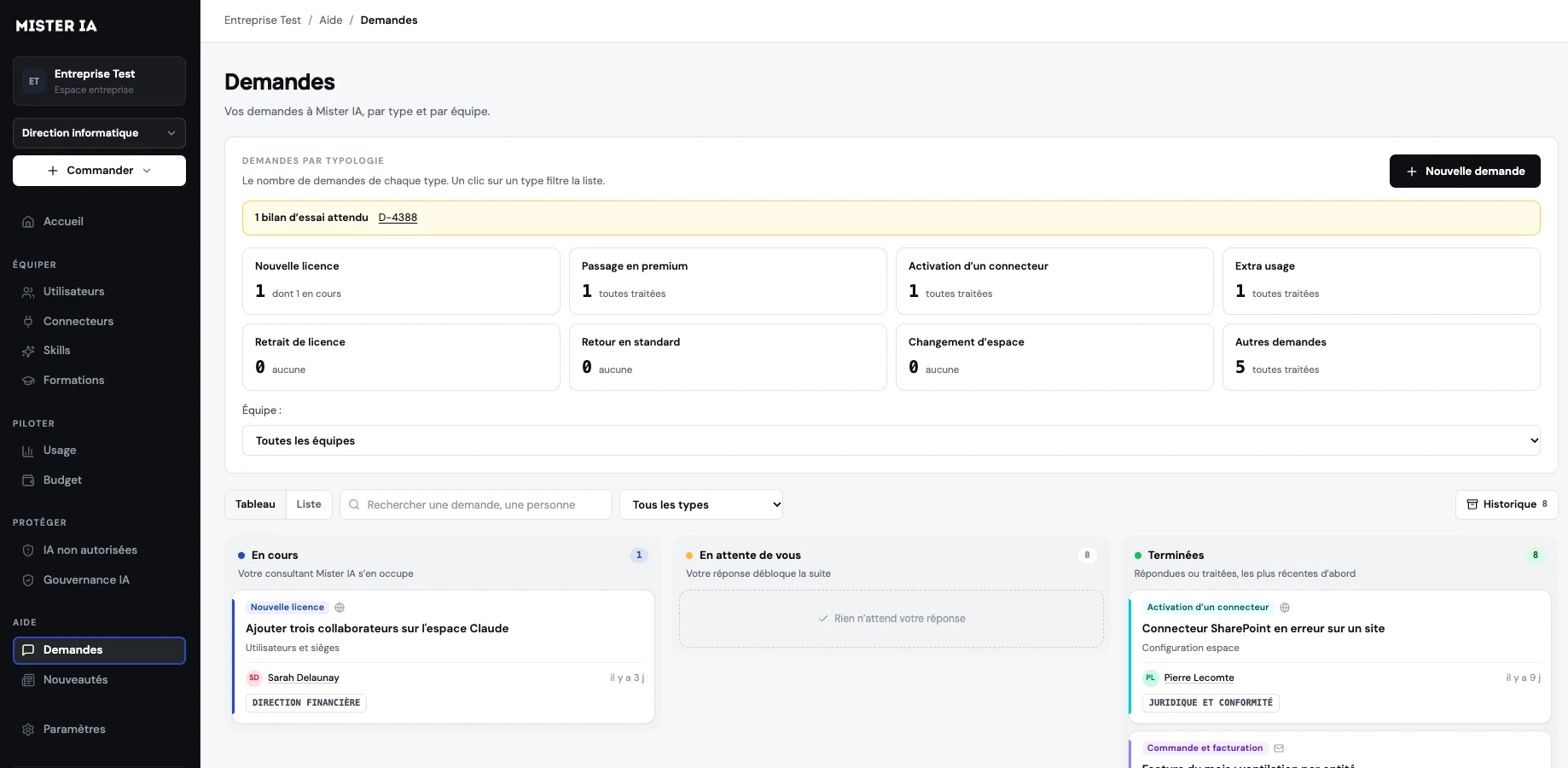 Cockpit Mister IA : demandes au support par type et suivi de leur traitement