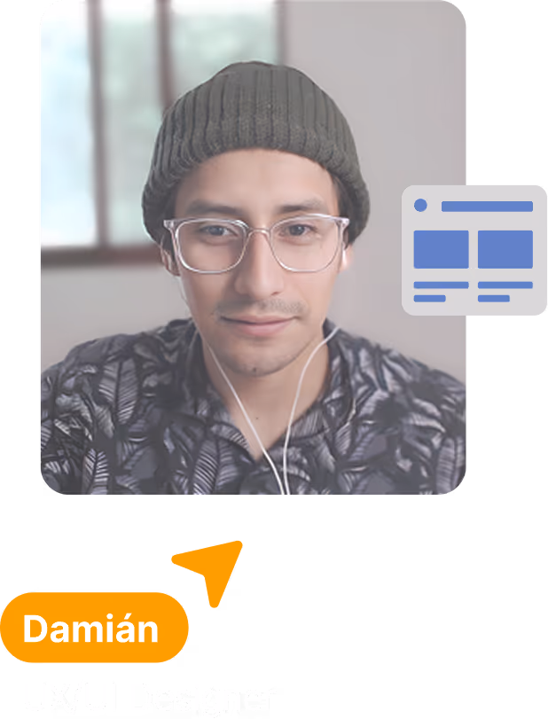 Portrait of Damián, UX/UI Designer at Tukuna Studio, wearing glasses and a beanie.