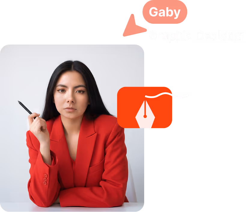 Portrait of Gaby, Graphic Designer at Tukuna Studio, holding a pen and looking at the camera.