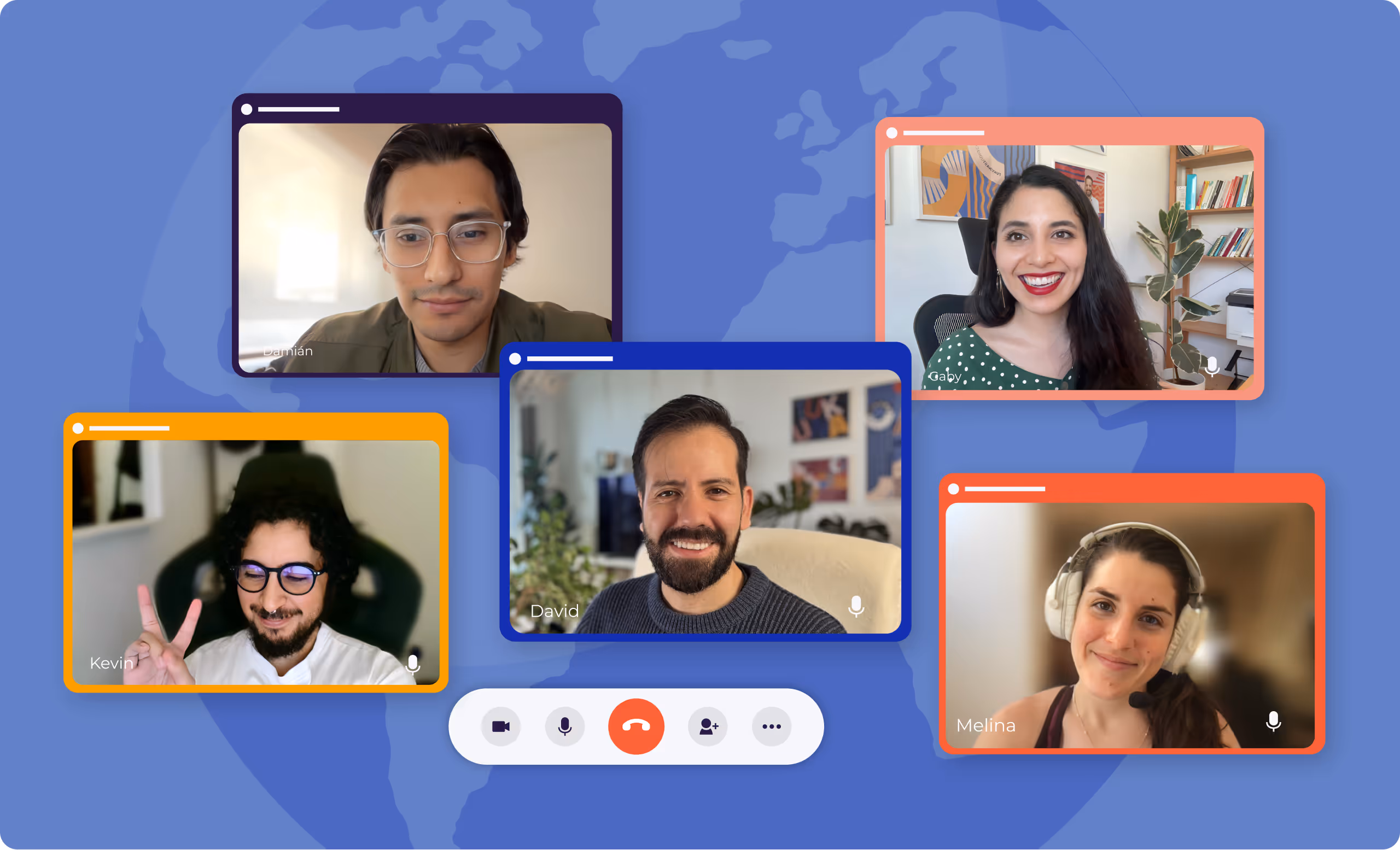 Video call screen showing five diverse participants smiling in colorful frames with call controls below on blue background.