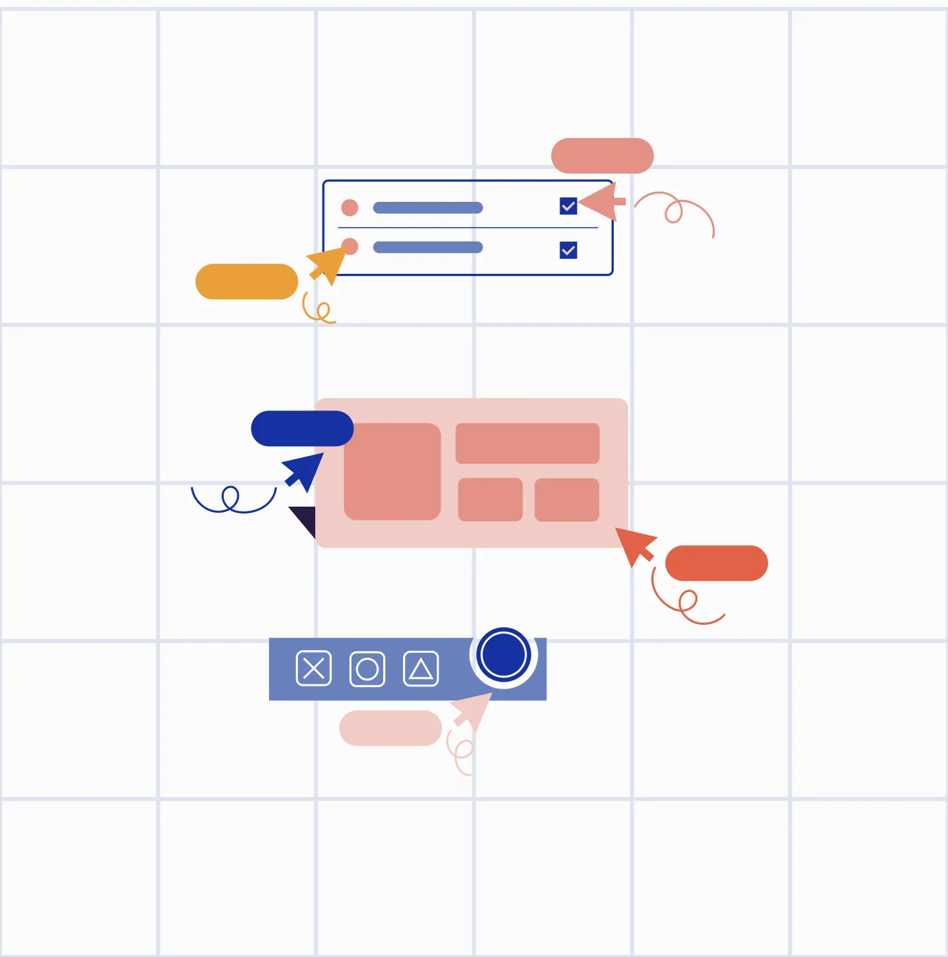 Abstract UI diagram with checkboxes, icons, buttons, and arrows on a grid background.