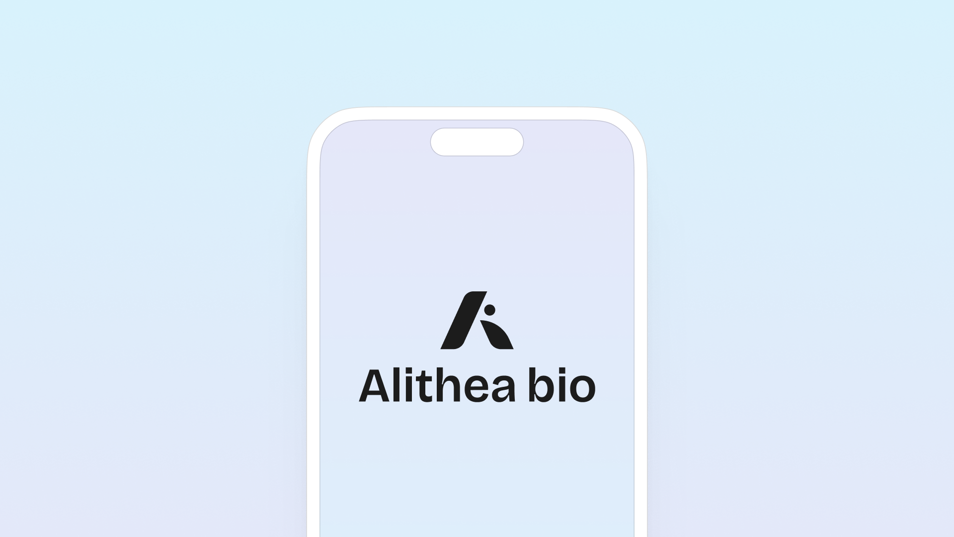 Mobile phone screen displaying the Alithea bio logo with stylized 'A' icon above the company name on a light gradient background.