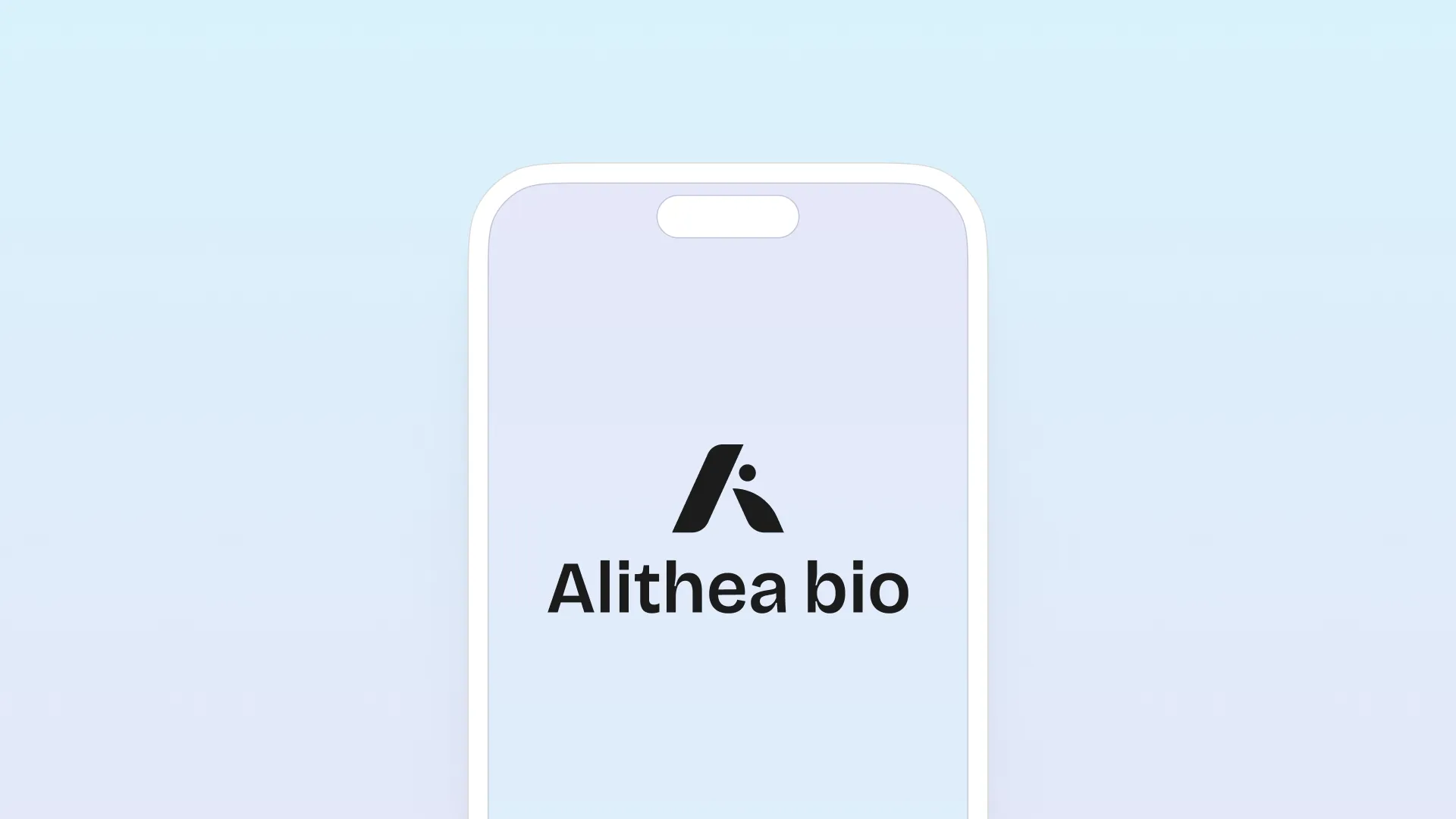 Alithea bio logo with stylized 'A' above text on a smartphone screen with light blue gradient background.