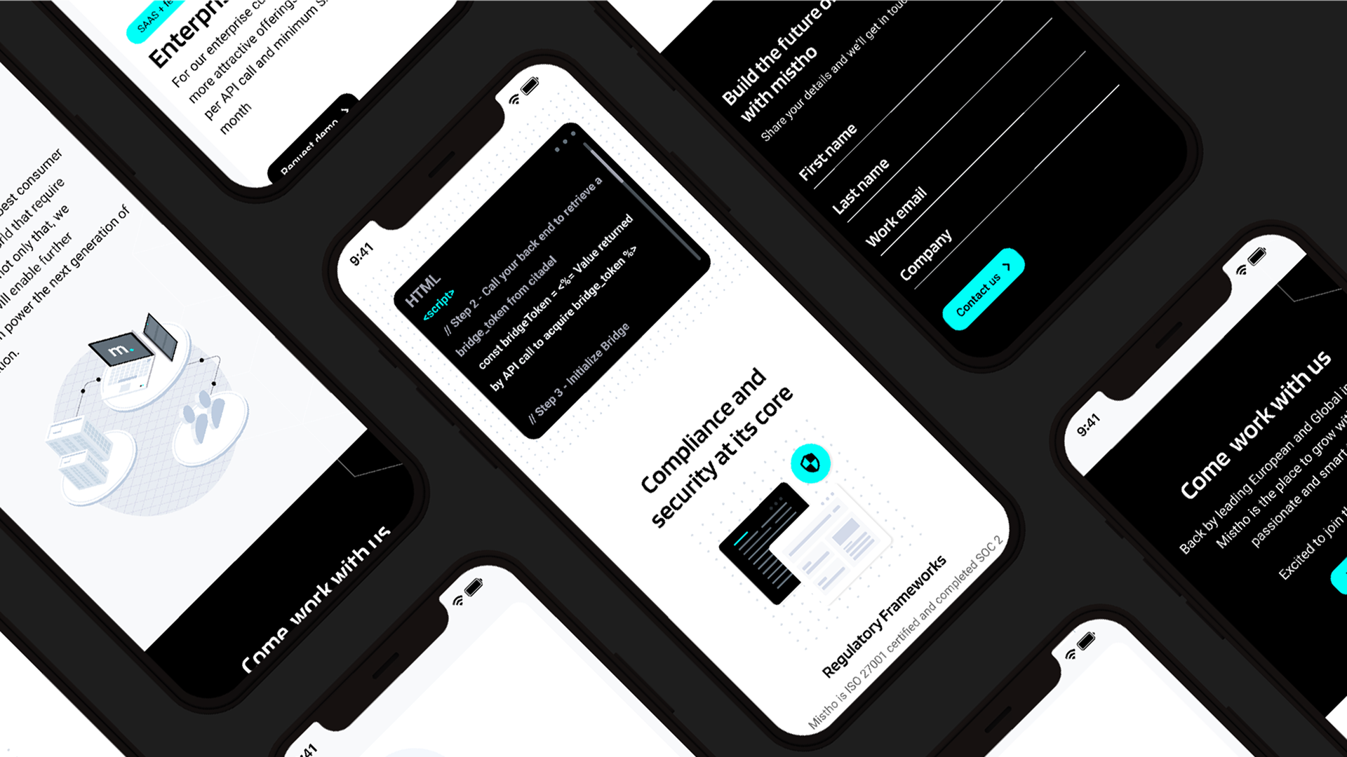 Multiple angled smartphones displaying sections of a tech website including code snippets, compliance and security information, and a contact form.