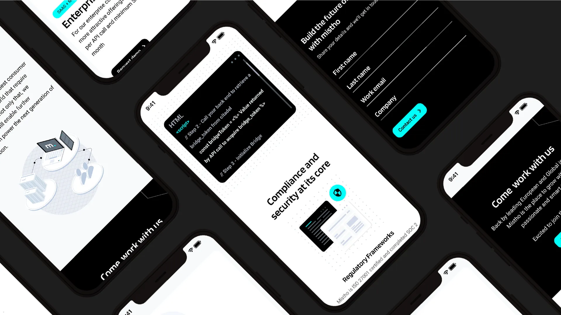 Multiple angled smartphone screens displaying app interfaces about compliance, security, and contact forms.